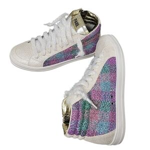 P448 Tweed Textured Skate Sneakers with Metallic Tongue and Sparkle Shoe Strings